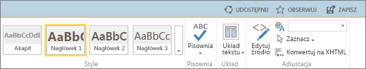 Zrzut ekranu przedstawiający sekcję wstążki w usłudze SharePoint Online zawierającą kontrolki Udostępnij, Obserwuj i Zapisz.