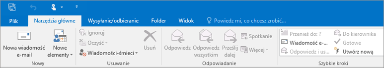 Tak wygląda wstążka programu Outlook 2016.