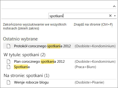 Znajdowanie notatek w dowolnym miejscu w programie OneNote za pomocą funkcji wyszukiwania