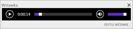 Zrzut ekranu usługi SharePoint Online z paskiem sterowania audio Wstawka, na którym wyświetlany jest całkowity czas odtwarzania pliku audio oraz dostępne są kontrolki umożliwiające uruchomienie i zatrzymanie odtwarzania pliku.