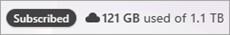 Zrzut ekranu przedstawiający znaczek Subskrybowane i użyte miejsce do magazynowania w usłudze OneDrive