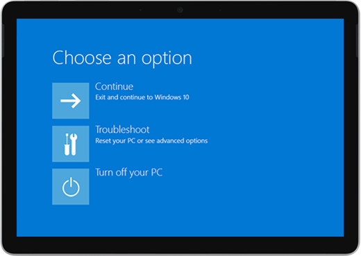Niebieski ekran z opcjami kontynuowania, rozwiązywania problemów lub wyłączania komputera.
