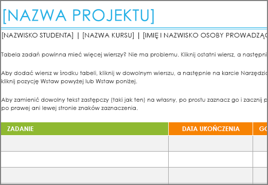 Stare: szablon Lista zadań w projekcie o minimalnym rozmiarze czcionki 8,5 pt.