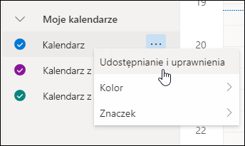 Zrzut ekranu przedstawiający kursor unoszący się nad Udostępnianiem i uprawnieniami w menu kontekstowym kalendarza