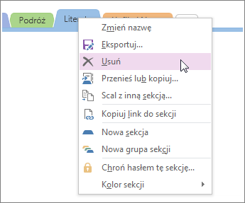 Screenshot of how to delete a section in OneNote 2016.