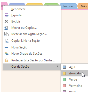 Screenshot of how to change a section color in OneNote 2016.