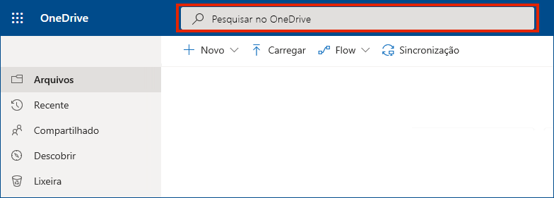 OneDrive for Business online com a barra de pesquisa no topo