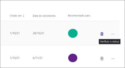 Selecione ... Verifique o status para ver se o aprendizado recomendado está Não iniciado, Em andamento ou Concluído 