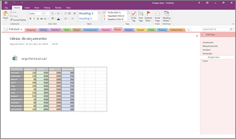 Captura de tela de um bloco de anotações do OneNote 2016 com uma planilha do Excel inserida.