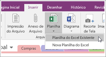 Captura de tela do botão Inserir Planilha no OneNote 2016.