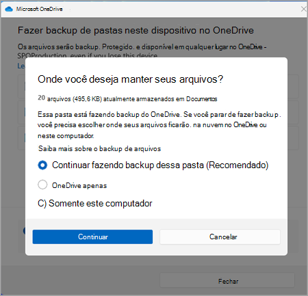 captura de tela do onedrive de backup uma versão três