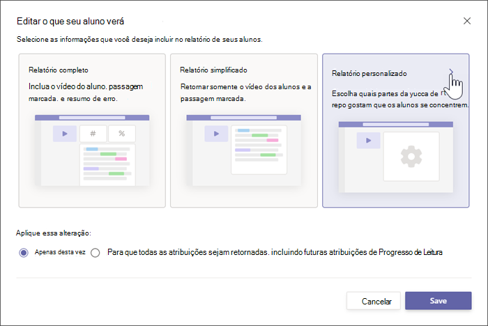 Duas opções para relatórios para alunos são mostradas, o relatório completo inclui detalhes numéricos específicos sobre o desempenho do aluno, o relatório simplificado mostra apenas quais palavras no texto o aluno errou.