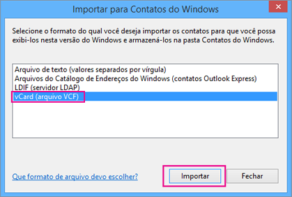 Escolha vCard e, em seguida, Importar.