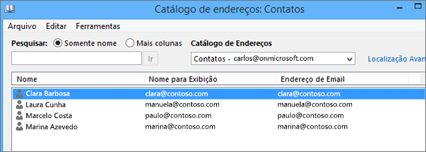 Quando seus contatos forem importados do Google Gmail para o Office 365, você os verá listados em Catálogo de Endereços: Contatos