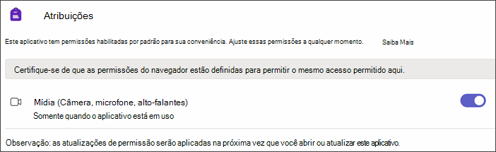 Captura de tela das configurações do Teams depois de selecionar Permissões de Aplicativo. uma configuração chamada Mídia é mostrada com o alternância ativado.