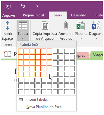 Screenshot of how to add a table in OneNote 2016.