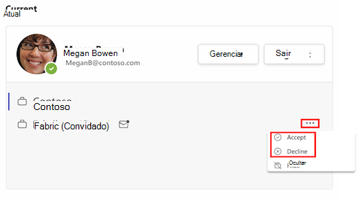 Nas configurações da conta, uma caixa vermelha realça mais opções ao lado de um convite da organização. Outra caixa vermelha destaca Aceitar e Recusar.