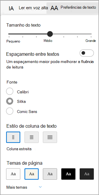 Preferências de texto Leitura Avançada para Microsoft Edge.