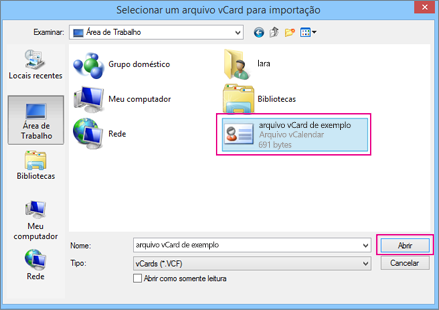 Escolha o arquivo vCard que deseja importar para um arquivo .csv.