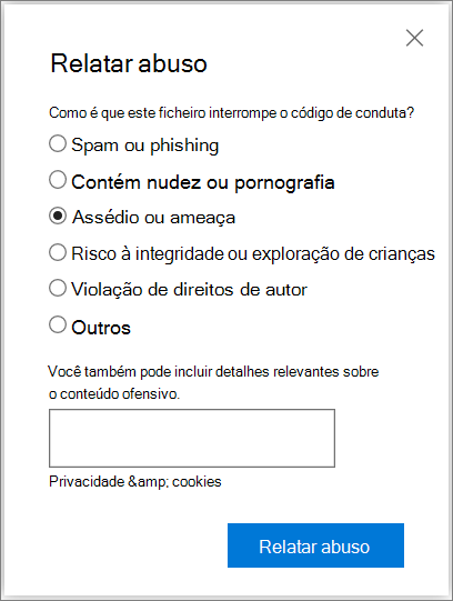 Captura de ecrã a mostrar a caixa de diálogo Comunicar abuso no OneDrive