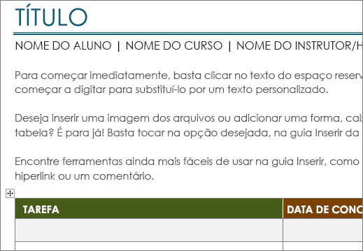 Novo modelo da Lista de tarefas do Project com uma fonte mínima de 11 pontos.