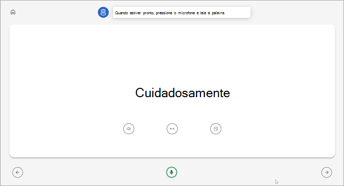 visualização em tela cheia da página do treinador de leitura do aluno. a palavra cuidadosamente é mostrada com botões para jogar a palavra, esticar a palavra ou ver uma imagem abaixo. um microfone verde está na parte inferior central da página. 