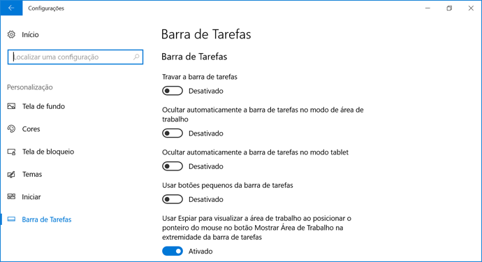 Configurações da barra de tarefas