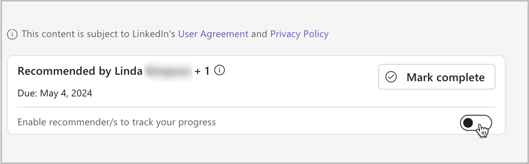 Uma captura de ecrã num curso no qual pode ativar um botão de alternar para permitir que os recomendadores controlem o seu progresso nesse curso.