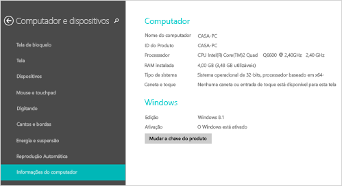 Página de informações do computador em configurações do computador