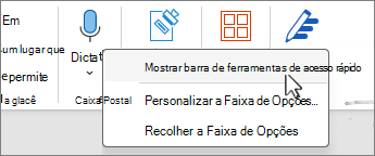 Mostrar a Barra de Ferramentas de Acesso Rápido selecionada no menu