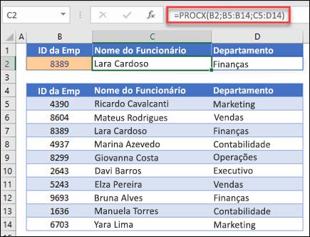 Exemplo da função PROCX usada para retornar um nome e departamento de um funcionário com base na IDt do funcionário. A fórmula é =PROCX(B2;B5:B14;C5:D14;0;1)