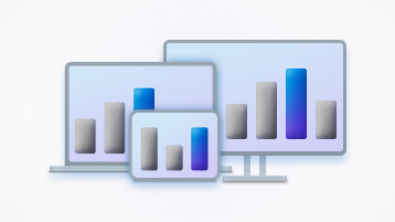 Um gráfico conceptual para ecrãs e ecrãs de computador, apresentado como um tablet, um portátil e um monitor que apresenta um gráfico de barras simples.