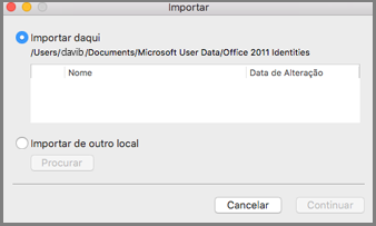 Caixa de diálogo Importar Identidades com a opção Importar daqui selecionada