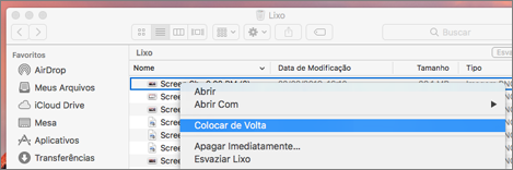 Clique com o botão direito do rato no menu para recuperar um ficheiro do Lixo num Mac
