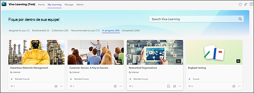 Viva Learning seção Em Andamento da guia Meu Aprendizado.