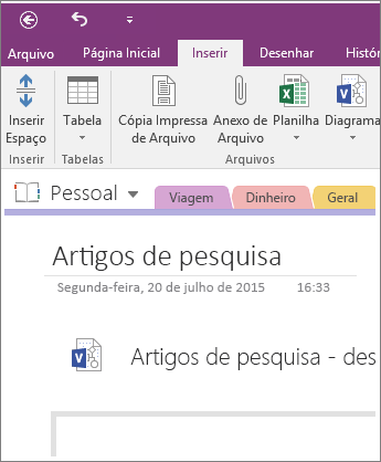 Captura de tela de como inserir um novo diagrama do Visio no OneNote 2016.