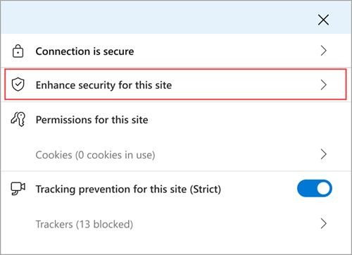 O menu de informações do site do Microsoft Edge mostrando o recurso Aprimorar a segurança deste site. 