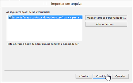 Quando você importa contatos do Gmail para sua caixa de correio do Office 365, clicar no botão Concluir inicia a migração