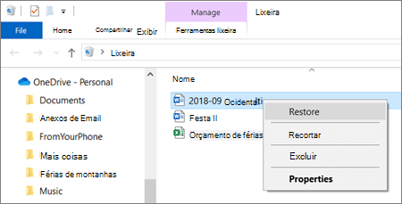 Menu de contexto para recuperar um ficheiro eliminado da Reciclagem