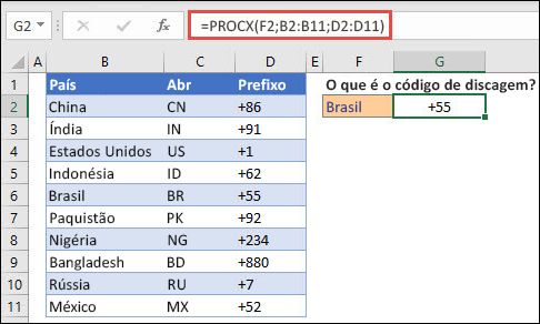 Exemplo da função PROCX usada para retornar o Nome e o Departamento de um Funcionário com base na ID do Funcionário. A fórmula é =PROCX(B2;B5:B14;C5:C14).