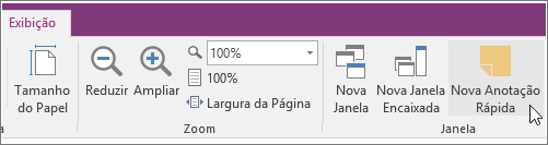 Captura de tela do botão Nova Anotação Rápida no OneNote 2016