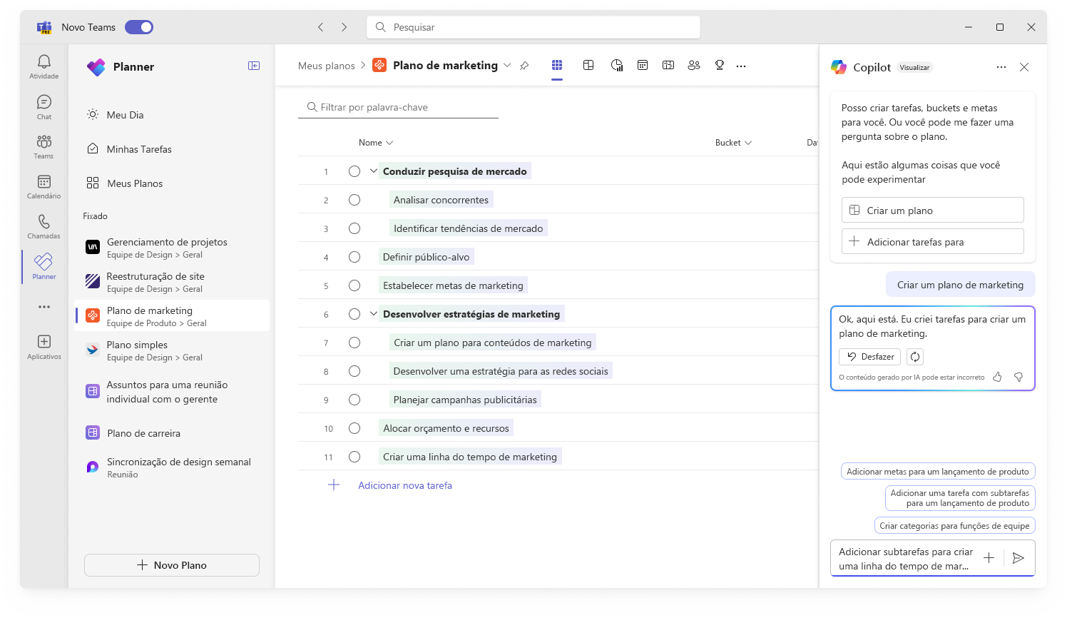 A captura de tela mostra a interface do usuário do Copilot no Planner criando um novo plano.