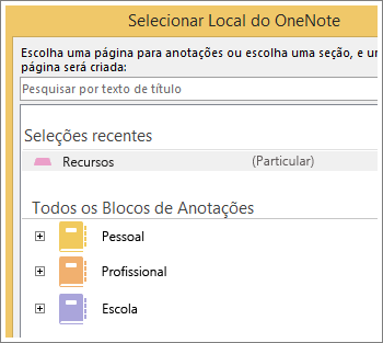 Captura de tela da janela do OneNote onde você pode escolher em que página deseja fazer anotações do Skype.