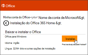 Captura de tela da página Instalar em Minha Conta