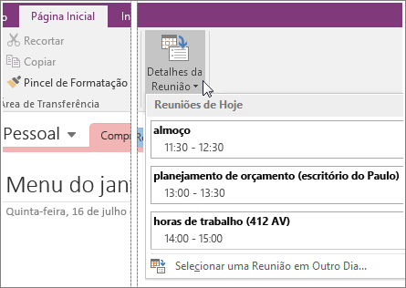 Captura de tela do botão Detalhes da Reunião no OneNote 2016