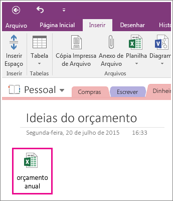 Captura de tela de uma planilha anexada no OneNote 2016.