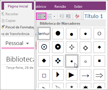 Captura de tela de como adicionar marcadores a uma página no OneNote 2016.