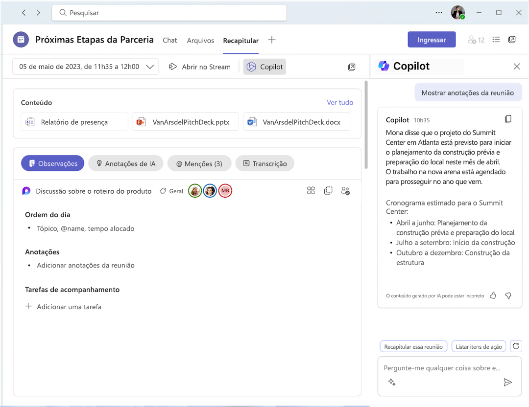 Copilot na recapitulação da reunião