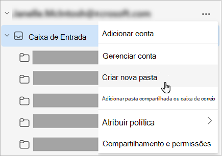 Captura de tela de Criar nova pasta selecionada no menu Mais opções no painel de pastas