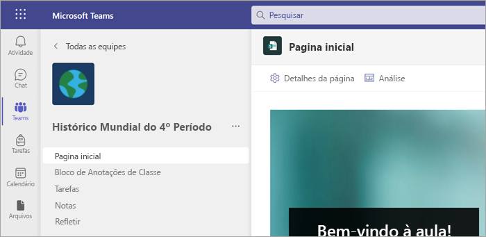 Home page selecionada na equipe de classe.